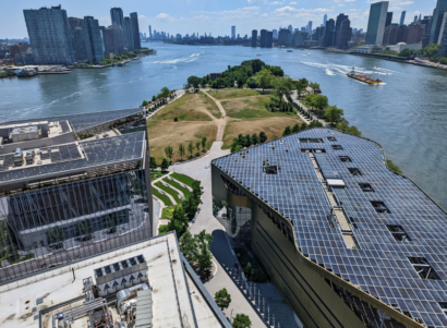 Aerial view solar canopy on top building near the East River