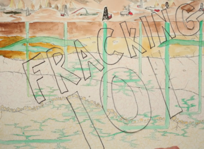 Drawing that shows layers of earth after fracking with the words Fracking 101 written across