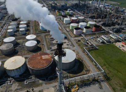 Industrial oil refinery gas flare in England,