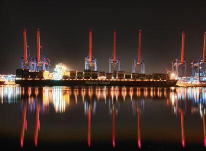 Ocean freight shipping dock at night