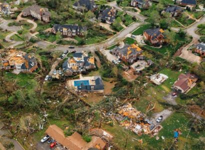 Suburban homes destroyed by a natural disaster