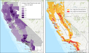 Image of a map shows Public Safety Power Shutoffs (PSPS) by frequency (left) next to California’s high fire threat districts (right).