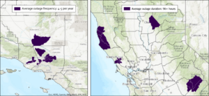 Map shows census tracts that experience the most frequent outages, on average 4-5 times a year (left). Census tracts that experience the longest average outage durations (right). 