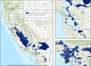 Image displaying disadvantaged communities throughout California (left), zoomed into the San Francisco Bay Area (top right) and Los Angeles (bottom right). 