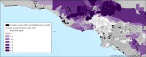 Image of a map of the worst performing circuits from SCE’s 2020 annual reliability report overlaid on the average annual PSPS outage frequency between Santa Barbara (top left) and Laguna Niguel (bottom right