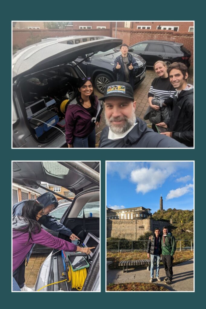 A collage of photos with scientists studying and posing for pictures in the UK.