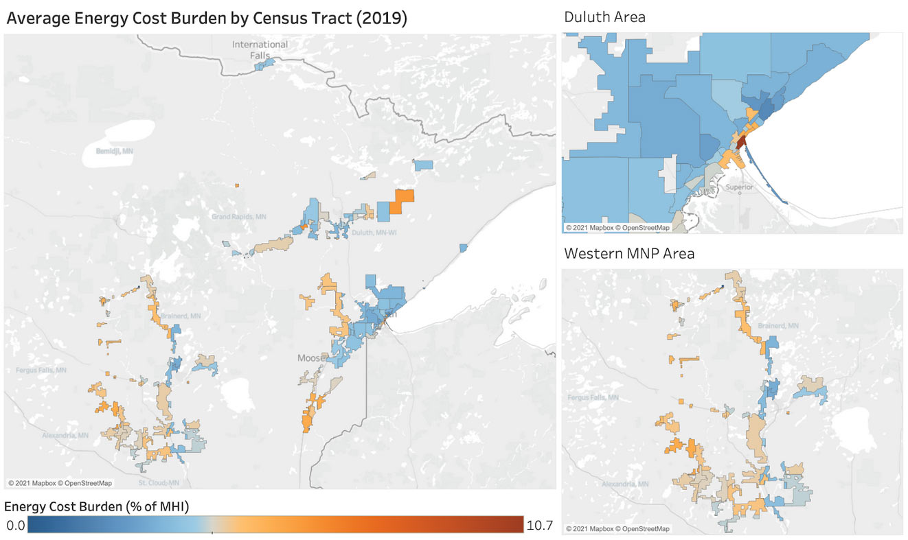 Average household energy cost burden by census tract in Minnesota Power’s Territory